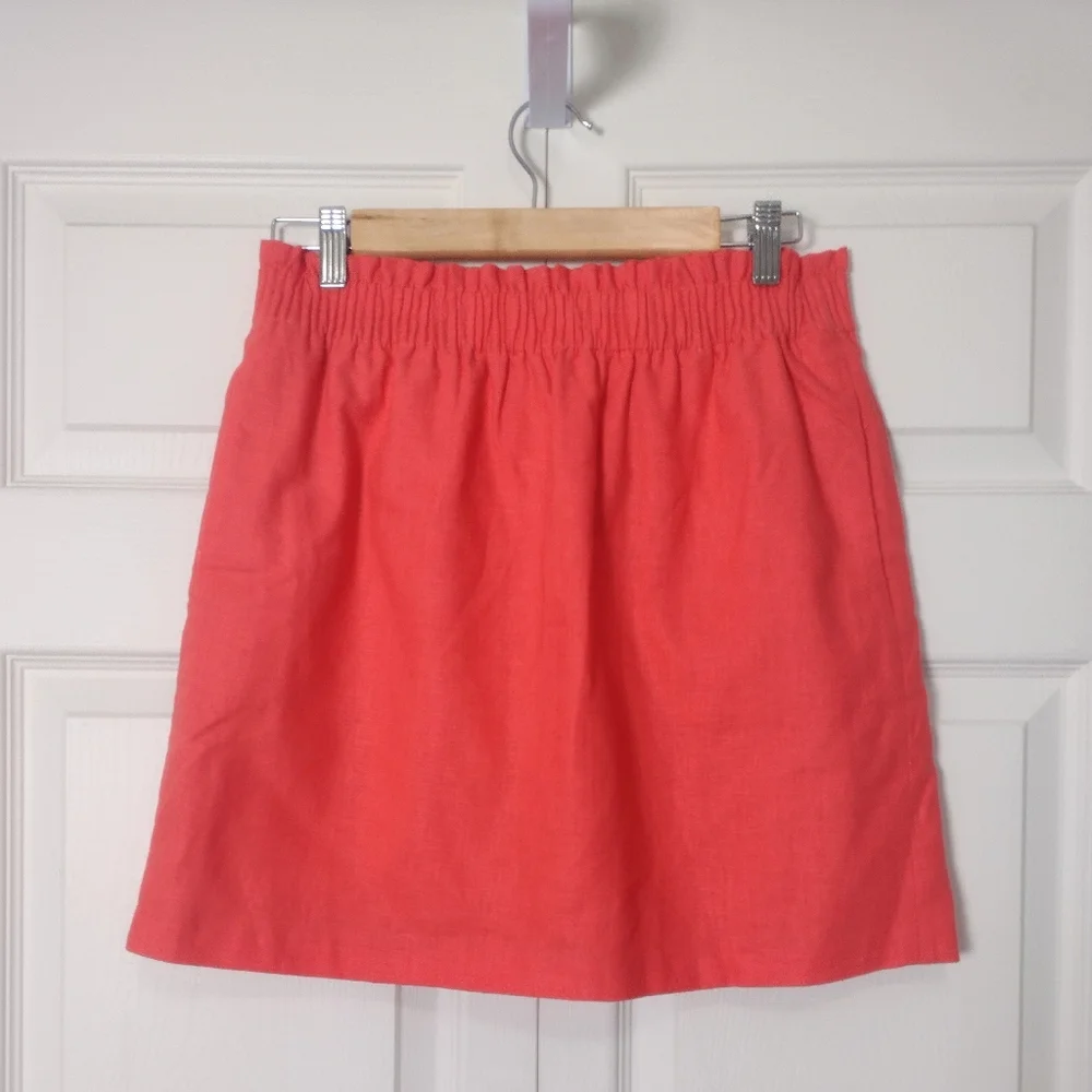J. Crew Factory Linen Blend Smock Waist Pocket Sidewalk Mini Skirt Coral Size S